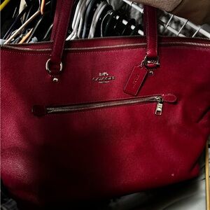 Coach Red Leather Tote with Zipper Detail